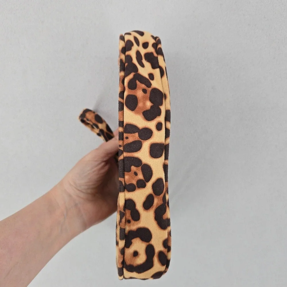 Leopard Print Faux Suede Feel Shoulder Bag Gold Chain Zip Y2K Style
